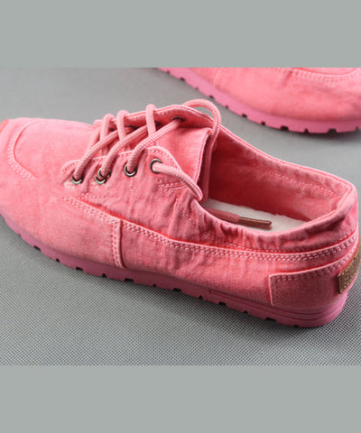 Zapatos planos sencillos de tela de algodón rosa para mujer con tiras cruzadas 