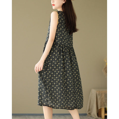 Summer Stylish Casual Sleeveless Linen Floral Dress