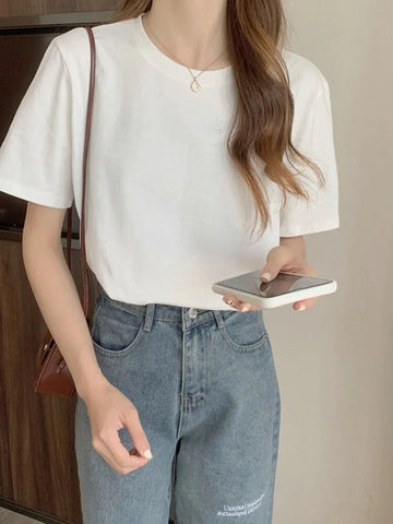 Women's T-Shirt Korean Loose O-Neck Basic Tops Female Spring White Black Tee Shirts