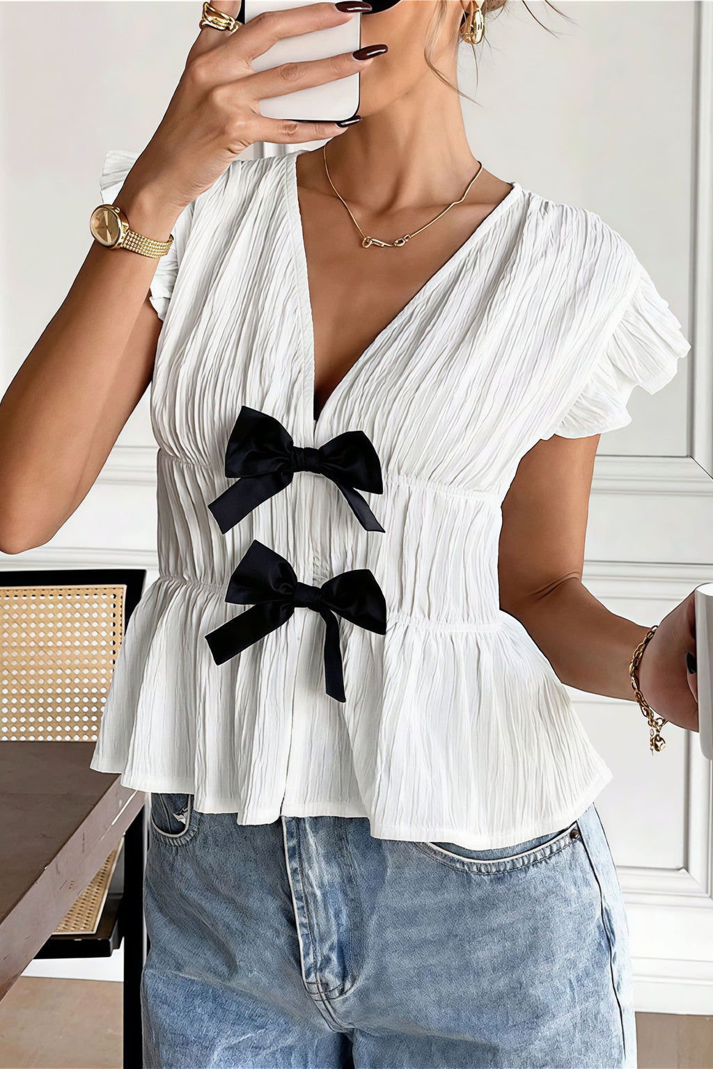 Bow Short Sleeve Casual Open Blouse