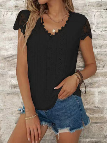 Buttoned Hollow Mesh Split-Joint Loose Short Sleeves V-Neck T-Shirts Tops