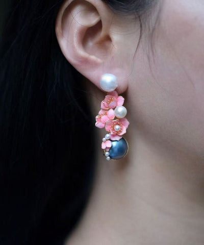 New Pink Sterling Silver Pearl Floral Stud Earrings