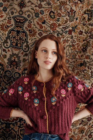 Floral Long Sleeve Crew Collar Knit Cardigan