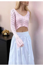 Hollow Out Knit V Neck Long Sleeve Cardigan