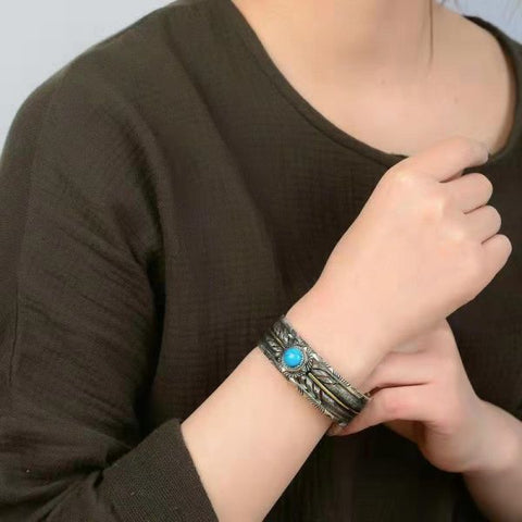 Sterling Silver Turquoise Feather Wide Cuff Bracelet