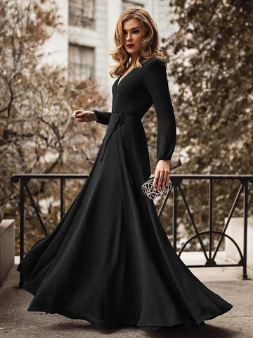 V-Neck Maxi Dress Strong Shoulder Belted A-Line Prom Dresses