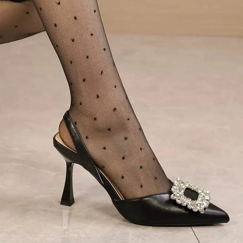 Nude colored pointed high heels new French style socialite real leather bun toe thin heels back hollow rhinestone sandals