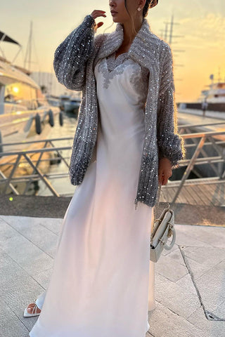 Warme, glänzende Herz-Strickjacke mit Pailletten, Ballonärmeln, Reißverschluss am Hals und lockerem Schnitt 