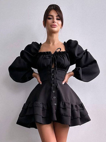 Minikleider Schwarzes Langarm-Plissee-Polyester-Kurzkleid für Damen 