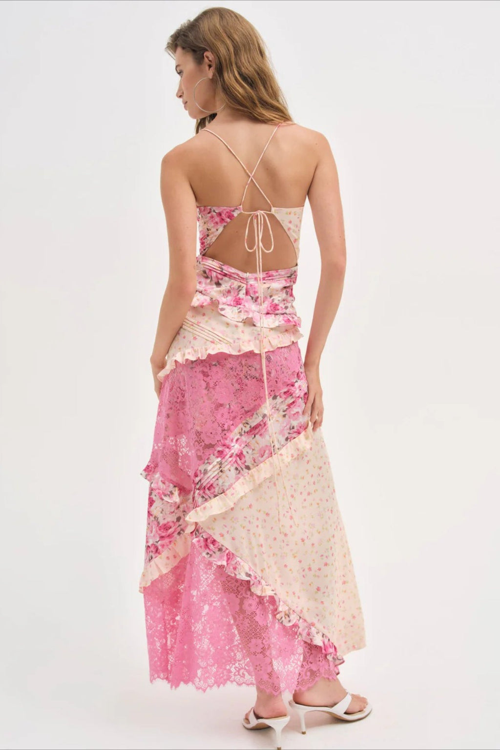 Deep V Ruffle Floral Lace Patchwork Cami Maxi Dress