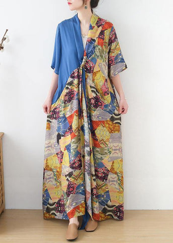 Vestido veraniego de gasa con patchwork y estampado azul sencillo 