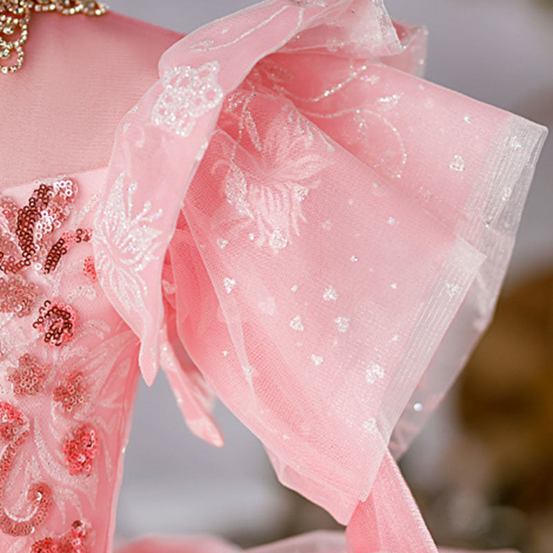Kommunionkleid für Kleinkinder, Mädchengeburtstagsfeier, wunderschönes, flauschiges, langes Festkleid in Rosa 