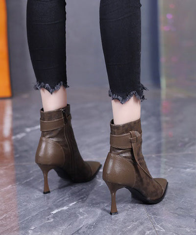 Khaki Stiefel Stiletto Kunstleder Handgefertigt Spleißen Spitzschuh 