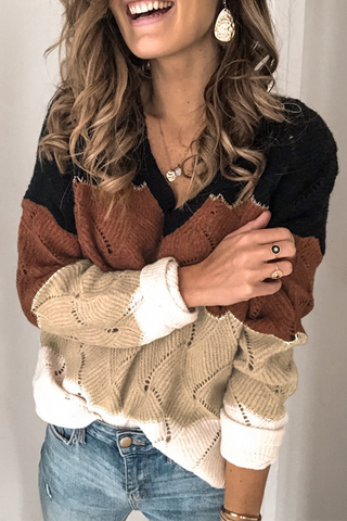 Casual Patchwork Contrast V Neck Tops Sweater