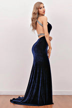 Langes, marineblaues Meerjungfrauen-Samt-Abendkleid