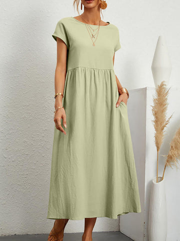 Vestidos midi holgados de manga corta, plisados, de color liso y cuello redondo 
