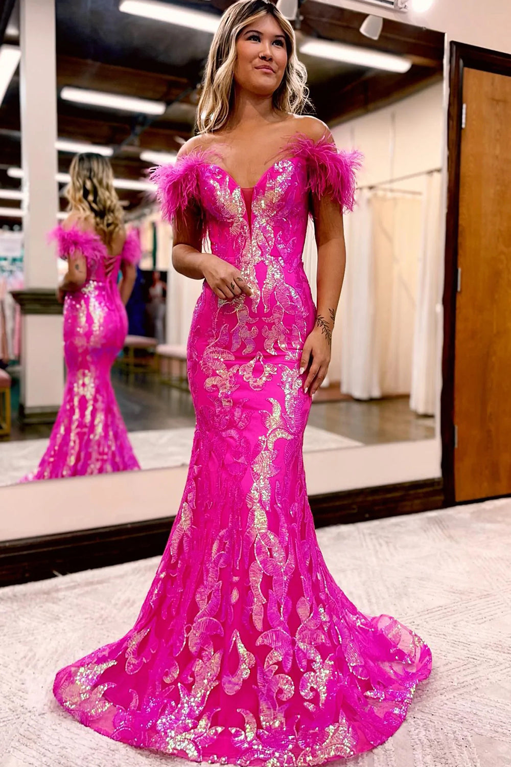 Mermaid Off the Shoulder Orange Long Prom Dress with Feathers