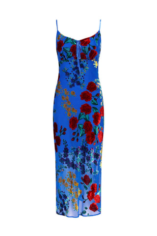 Vestido midi Julie de terciopelo floral con efecto desgastado y espalda descubierta 