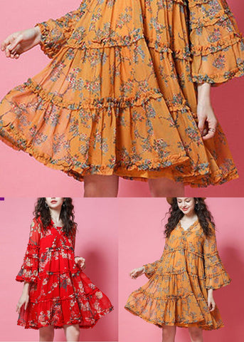 Vestidos de fiesta de gasa con estampado amarillo y mangas farol con volantes 