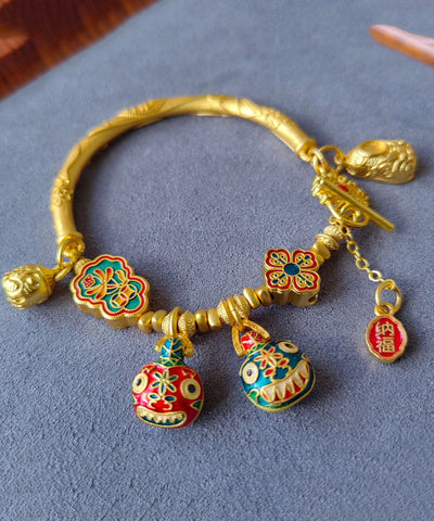 Pulsera con dije de esmalte de bestia devoradora de oro antiguo de estilo chino 