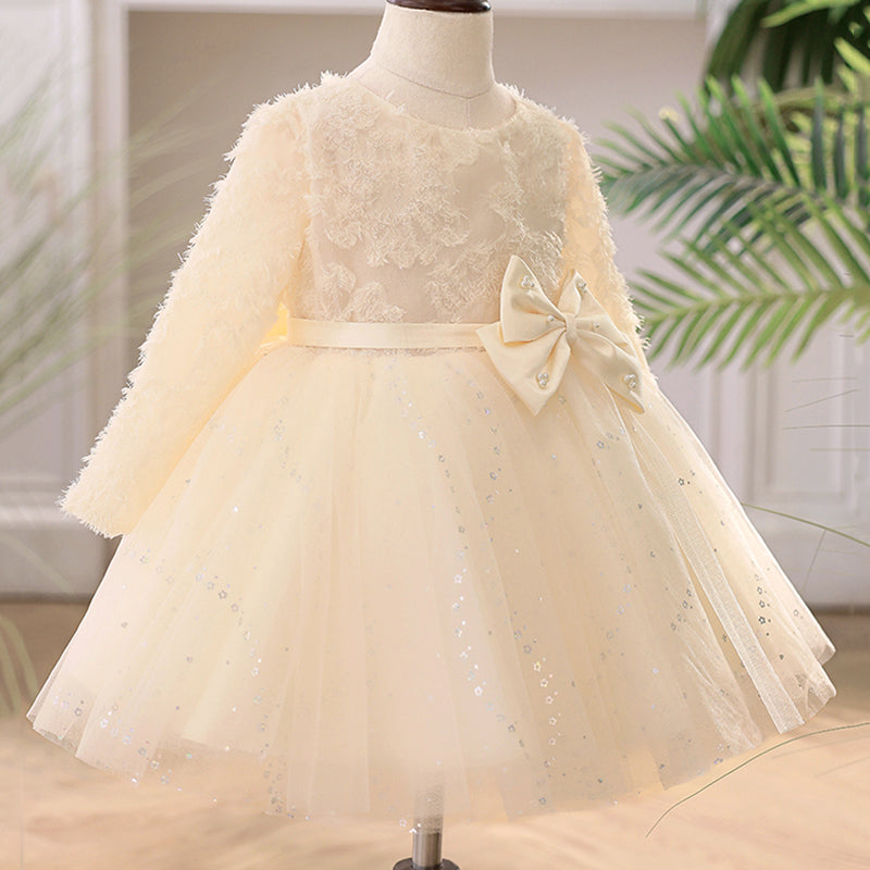 Elegantes Baby-Kommunionkleid, Kleinkind-Taufkleid mit Schleife 
