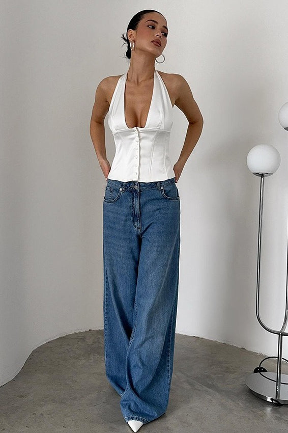 Sexy Solid Button Down Deep V Halter Top