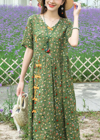 Vestido bohemio de lino con cuello alto y botones chinos estampados de verano 