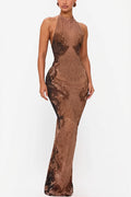 Lace Pattern Halter Backless Maxi Dress