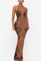 Lace Pattern Halter Backless Maxi Dress