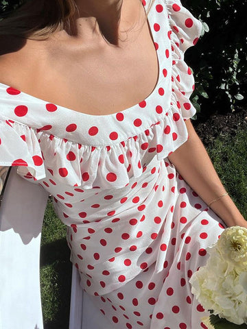 Summer Dress Maxi Dresses White Bateau Neck Ruffles Polka Dot Polyester Beach Dress