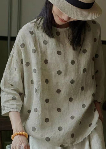 Blusa de lino con cuello redondo y lunares de jacquard para mujer, con mangas de pulsera 