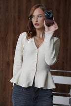 Solid Fitted Ruffled Hem Long Sleeve Knit Cardigan