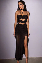 Backless Strapless Sheer Cutout Split Maxi Dress