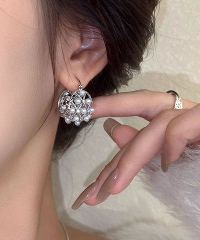 Modern Silk Sterling Silver Pearl Hollow Out Hoop Earrings