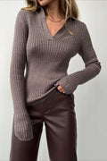 Polo Neck Fitted Ribbed Knit Sweater
