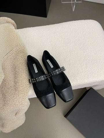 Mocasines Mary Jane de punta redonda para mujer, recién llegados en 2024, planos de moda, negros, marrones y beige, con diseño de remaches, zapatos casuales de diario para mujer, tallas 35-39 