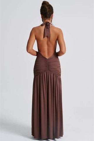 Vestido largo Norma con cuello en V profundo y cuello halter 