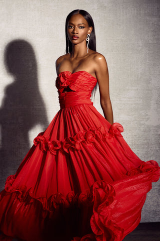 Erica Maxikleid aus plissiertem Chiffon mit Rüschen in Metallic 