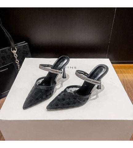 Sandalias de mujer nuevas de tacón fino y puntiagudo, de malla, con tiras de una sola línea y tacón medio abierto. 
