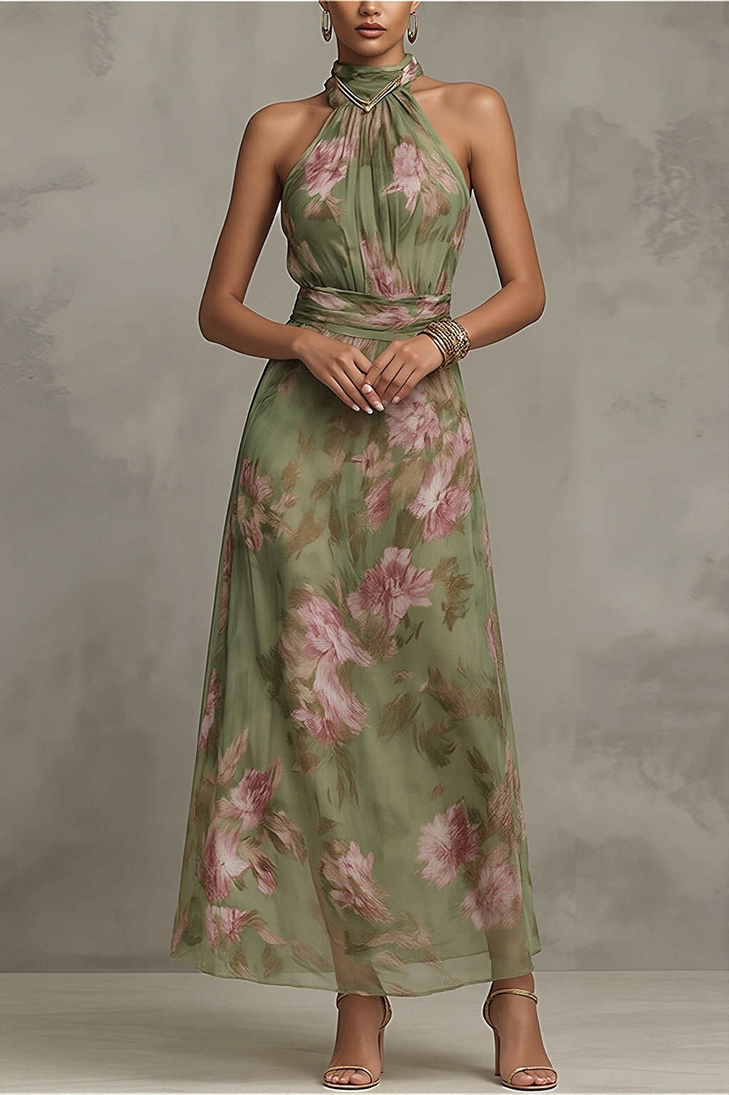 Light Elegant Halter Floral Maxi Dress