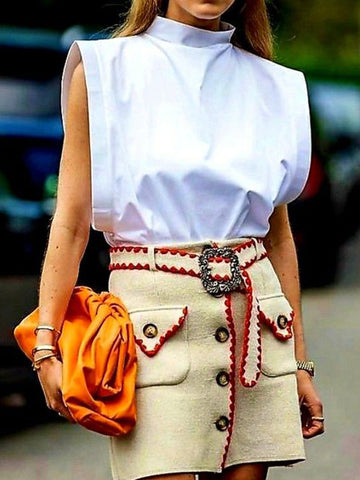 Cap Sleeve Loose Solid Color Mock Neck T-Shirts Tops