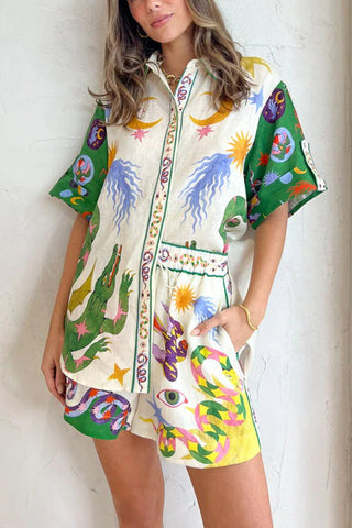 Conjunto de blusa con estampado único de mezcla de lino Days of Heaven y pantalones cortos con bolsillos y cintura elástica 