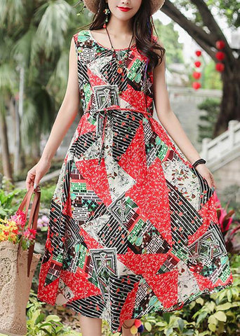 Bohemian red print cotton clothes Women sleeveless tie waist A Line summer Dresses