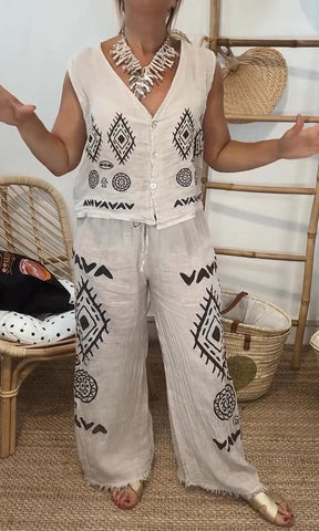 Conjunto cómodo de dos piezas de blusa y pantalón de lino y algodón para mujer 