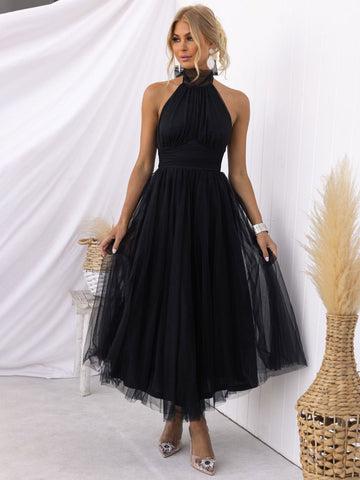Vestido midi de tul con cuello halter, plisado, cintura imperio, espalda abierta, elegante vestido de fiesta 
