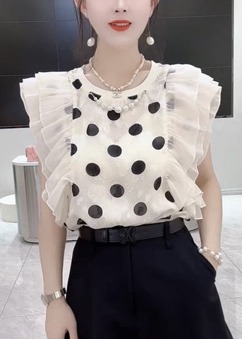 Nueva blusa de gasa negra con cuello redondo y volantes estampados de verano 