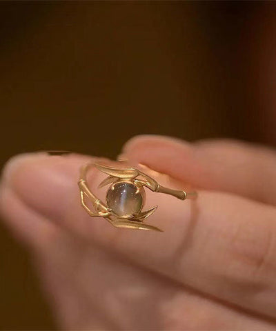 Anillos de unión de bambú con cristales dorados y plata esterlina de estilo chino 