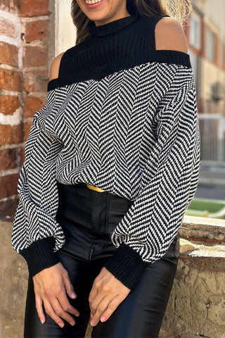 Suéteres casuales de cuello alto con contraste y tejido de rayas 