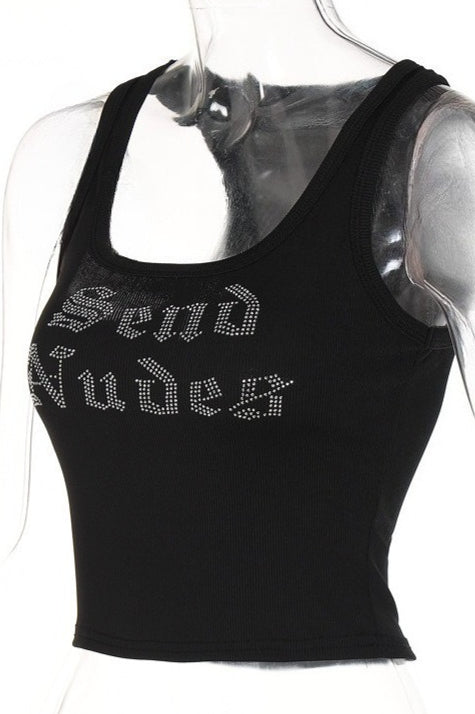 Letter Rhinestone U Neck Tank Top