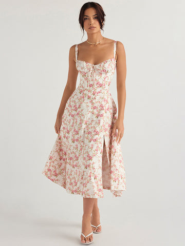 Vestido midi de fiesta con corsé, floral, tirantes anchos, espalda descubierta y abertura lateral